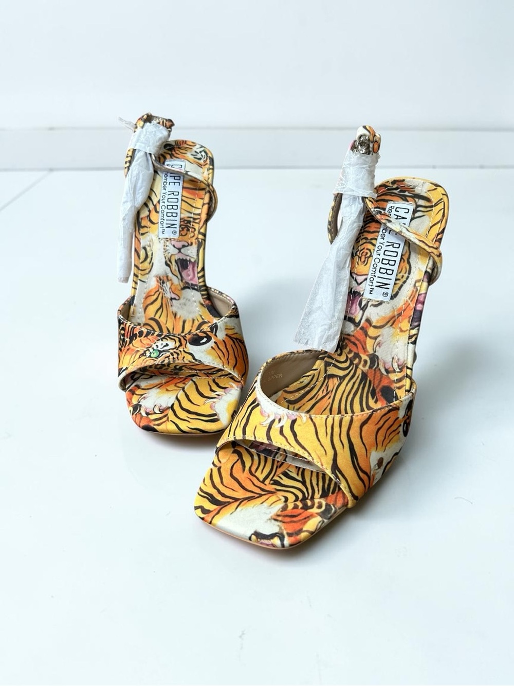 Cape Robbin Yellow Tiger-Print Open-Toe Ankle-Tie Heels